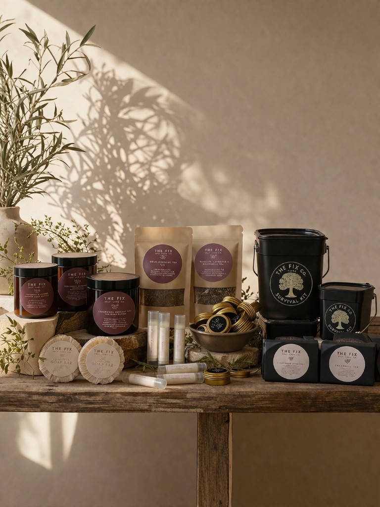 THE FIX SELF-CARE CO. products—teas, soaps, balms, and survival kits—arranged on a rustic wooden table with soft leaf shadows.